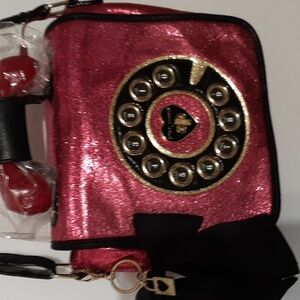 Betsey Johnson Pink and Black Retro Phone Shoulder Bag
